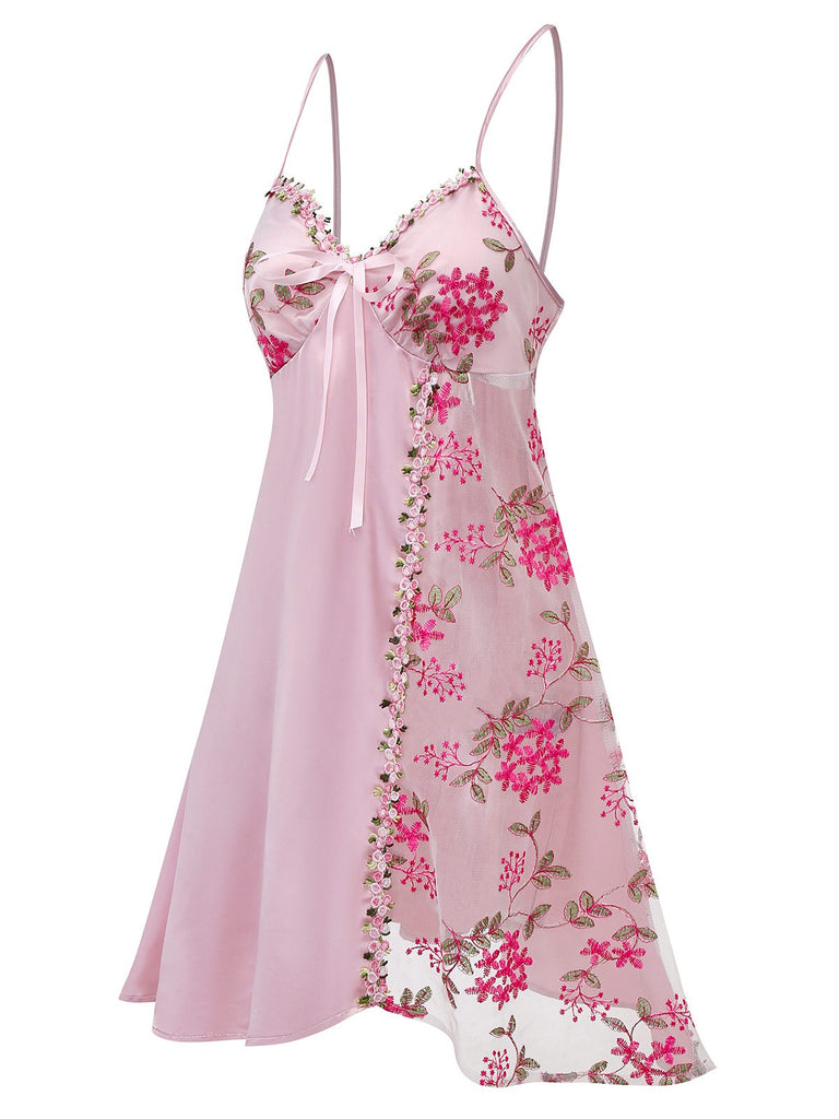 [Pre-Sale] Pink 1950s Embroidered Floral Mesh Satin Nightgown
