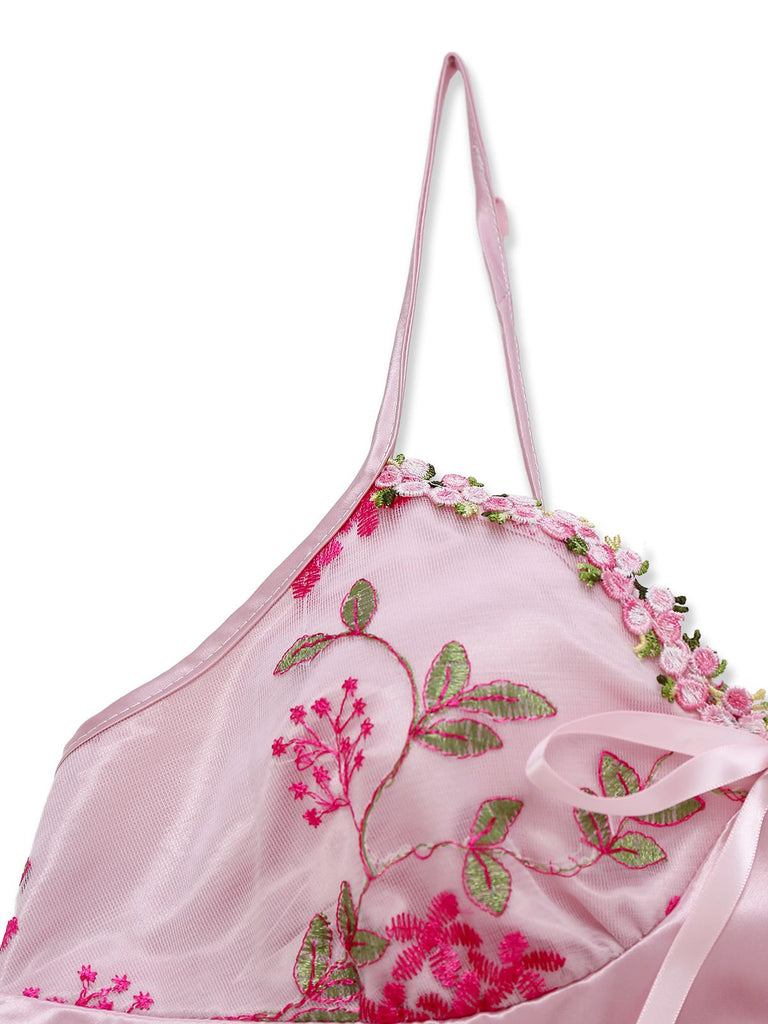 [Pre-Sale] Pink 1950s Embroidered Floral Mesh Satin Nightgown