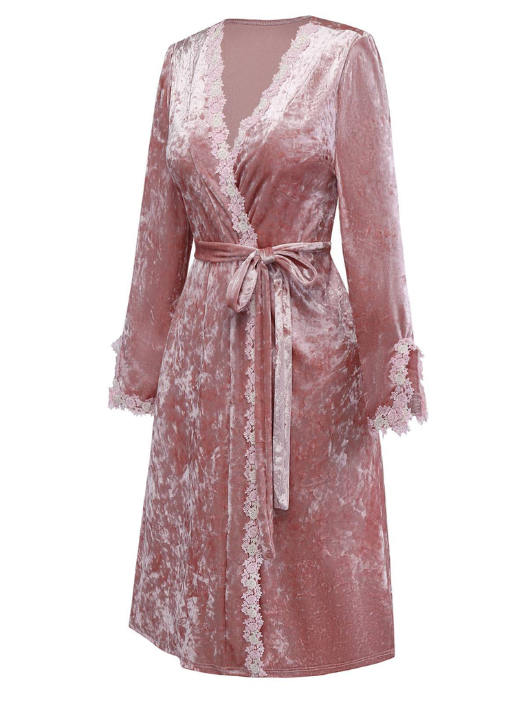 [Pre-Sale] Pink 1930s Velvet Lace Floral Embroidered Robe