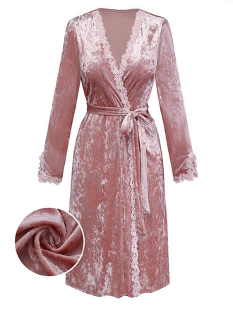 [Pre-Sale] Pink 1930s Velvet Lace Floral Embroidered Robe