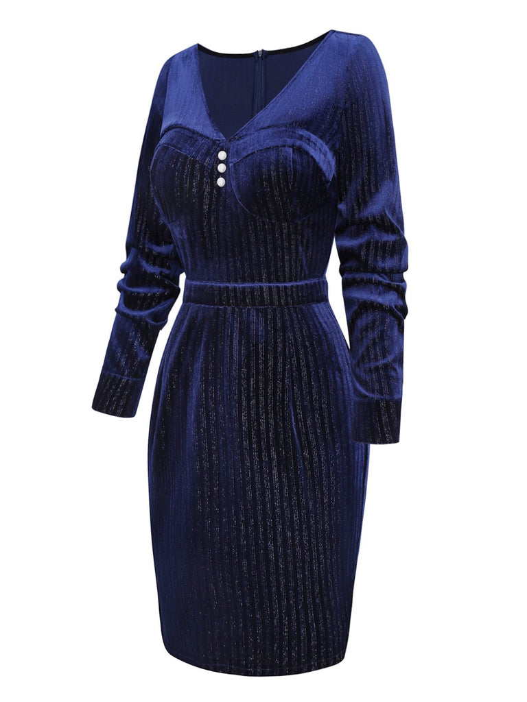 [Pre-Sale] Blue 1960s V-Neck Glitter Velvet Pencil Dress