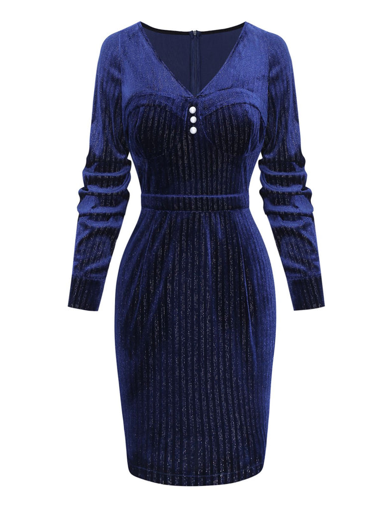 [Pre-Sale] Blue 1960s V-Neck Glitter Velvet Pencil Dress