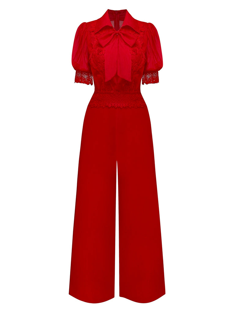 1950s Solid Lapel Floral Lace Tie Neck Jumpsuit