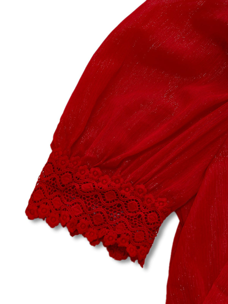 1950s Solid Lapel Floral Lace Tie Neck Jumpsuit