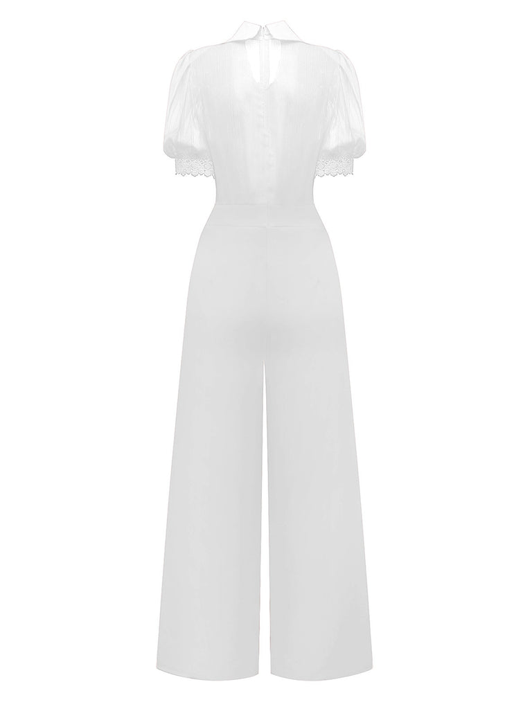 1950s Solid Lapel Floral Lace Tie Neck Jumpsuit