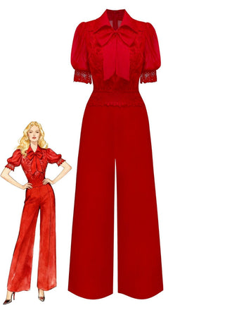 1950s Solid Lapel Floral Lace Tie Neck Jumpsuit