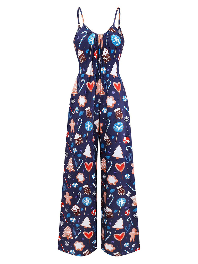Blue 1930s Christmas Elements Printed Straps Jumpsuit