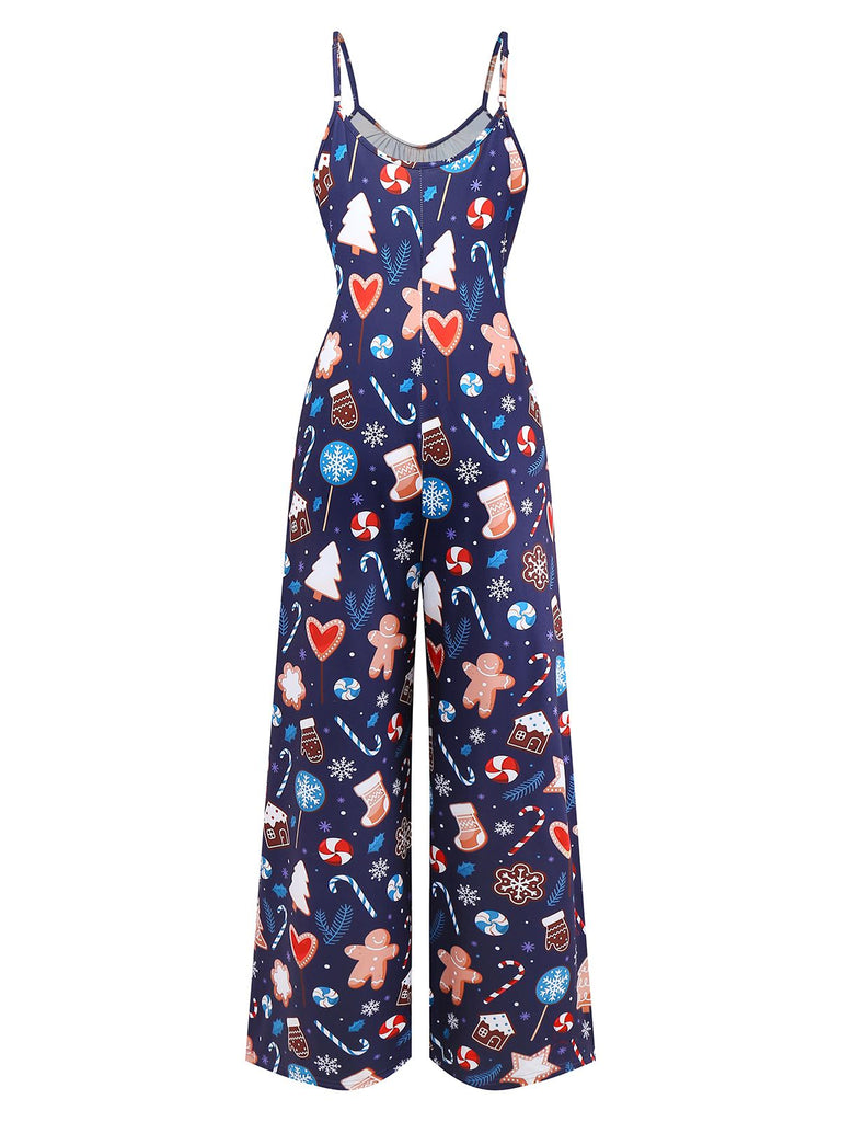 Blue 1930s Christmas Elements Printed Straps Jumpsuit