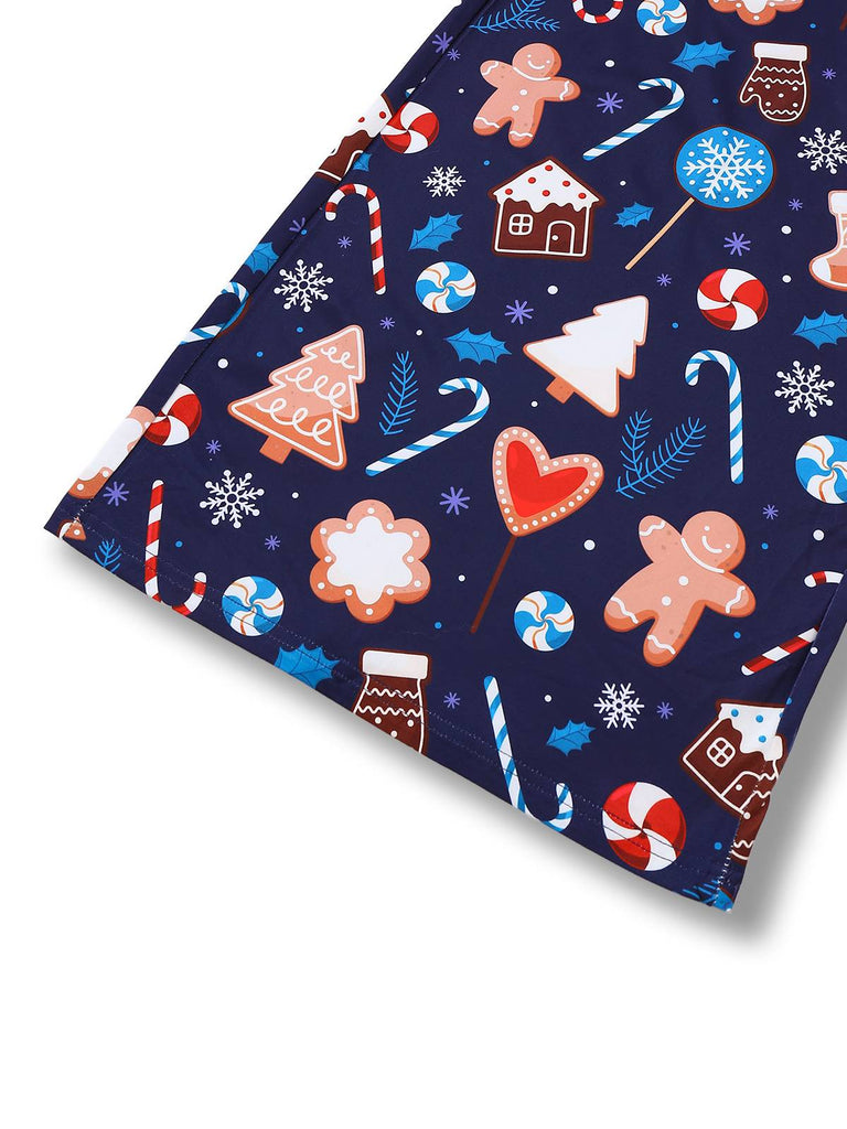 Blue 1930s Christmas Elements Printed Straps Jumpsuit