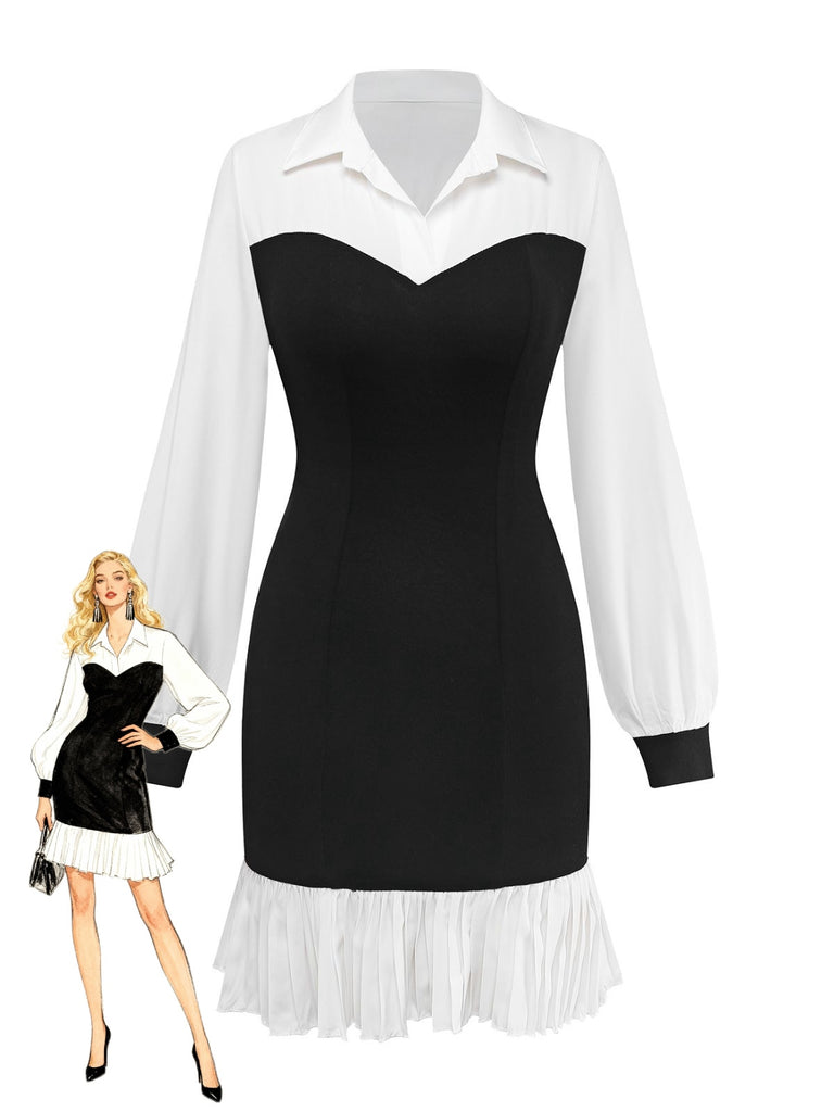 Black & White 1960s Colorblock Pleated Lapel Dress