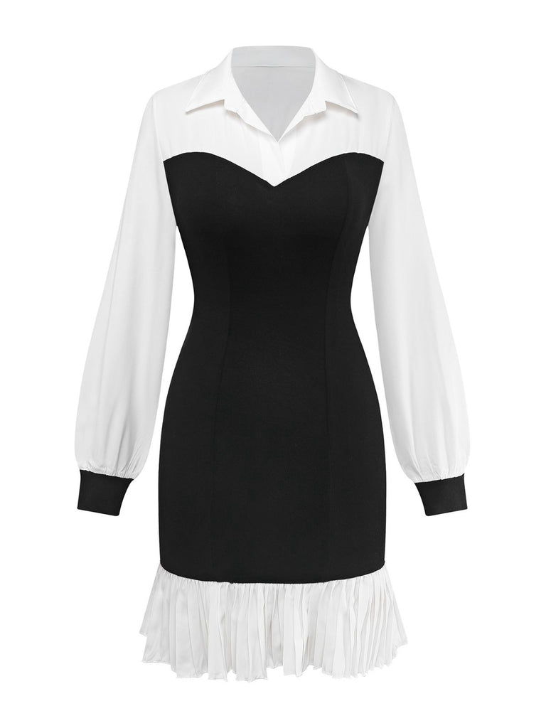 Black & White 1960s Colorblock Pleated Lapel Dress