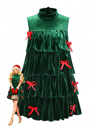 Green 1960s Velvet Bowknot Stand Collar Tiered Dress