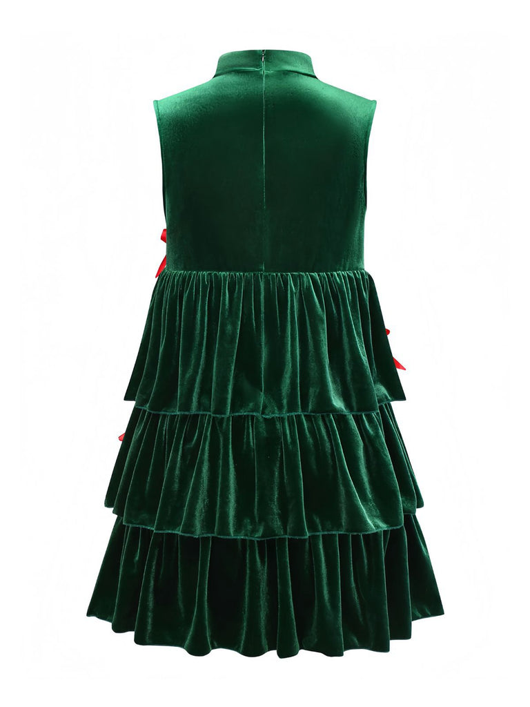 Green 1960s Velvet Bowknot Stand Collar Tiered Dress