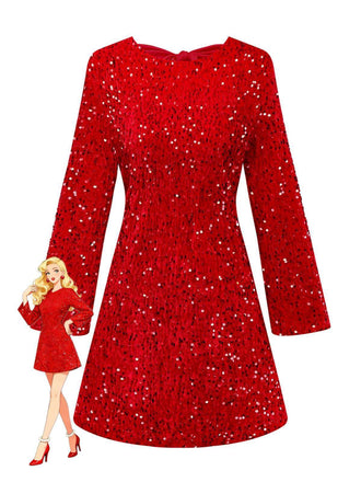 Red 1960s Sequined Bow Round Neck Long Sleeve Dress