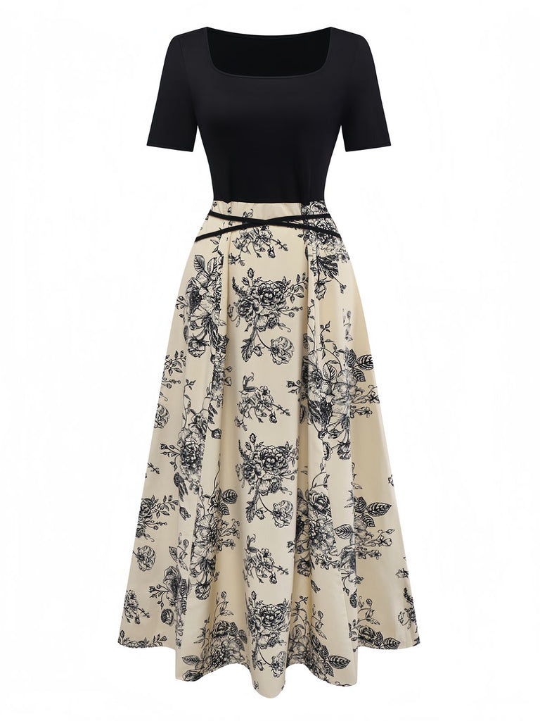 Khaki 1970s Knitted Square Neck Floral Dress