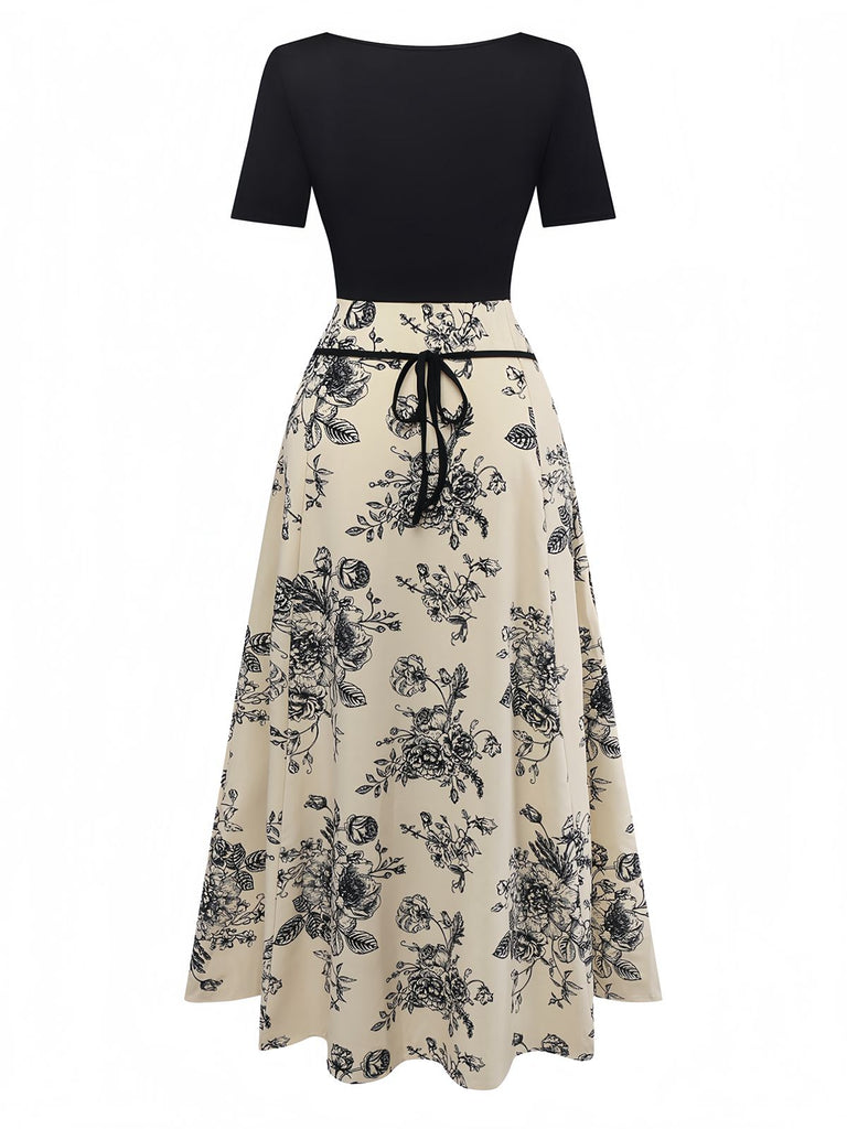 Khaki 1970s Knitted Square Neck Floral Dress