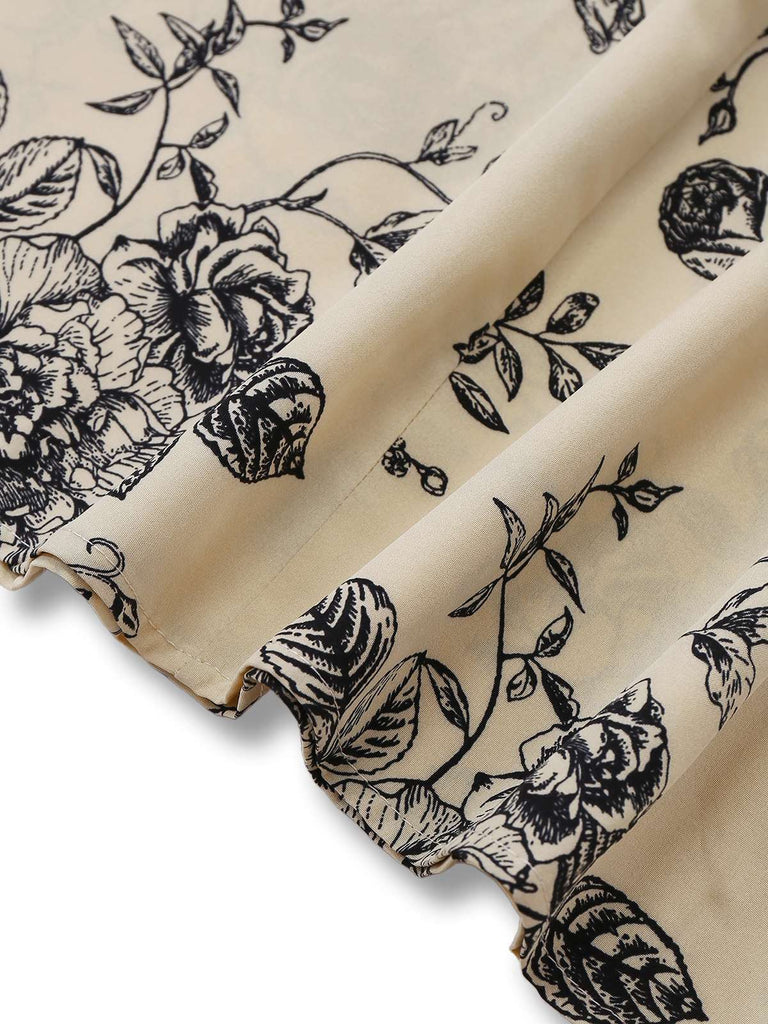 Khaki 1970s Knitted Square Neck Floral Dress