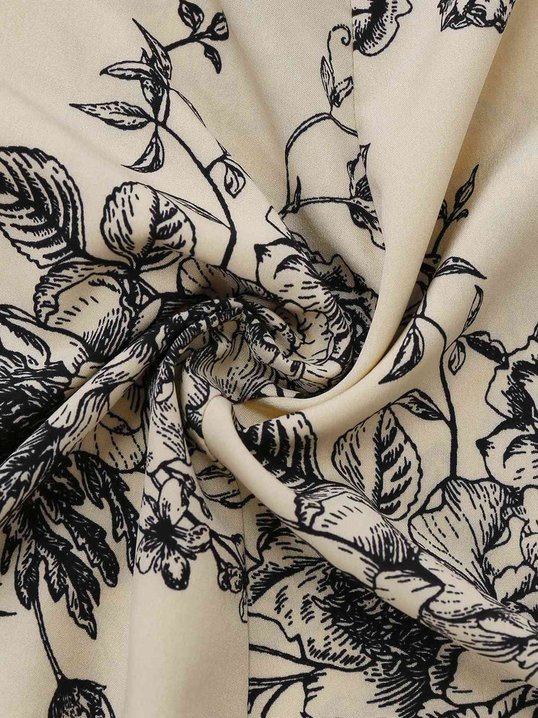 Khaki 1970s Knitted Square Neck Floral Dress