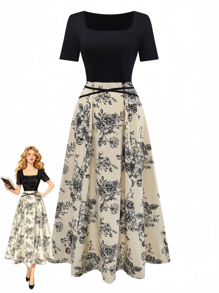 Khaki 1970s Knitted Square Neck Floral Dress