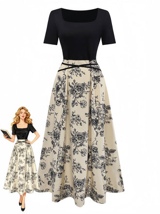 Khaki 1970s Knitted Square Neck Floral Dress