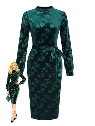 Green 1960s Velvet Plant Pattern Pencil Dress