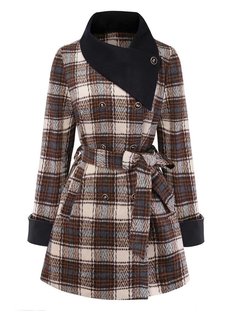 [Pre-Sale] Brown 1940s Cotton Plaid Asymmetrical Lapel Coat