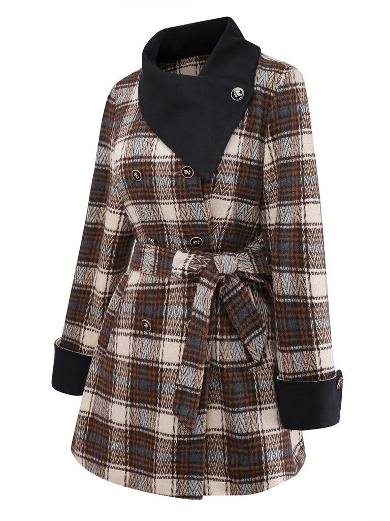 [Pre-Sale] Brown 1940s Cotton Plaid Asymmetrical Lapel Coat