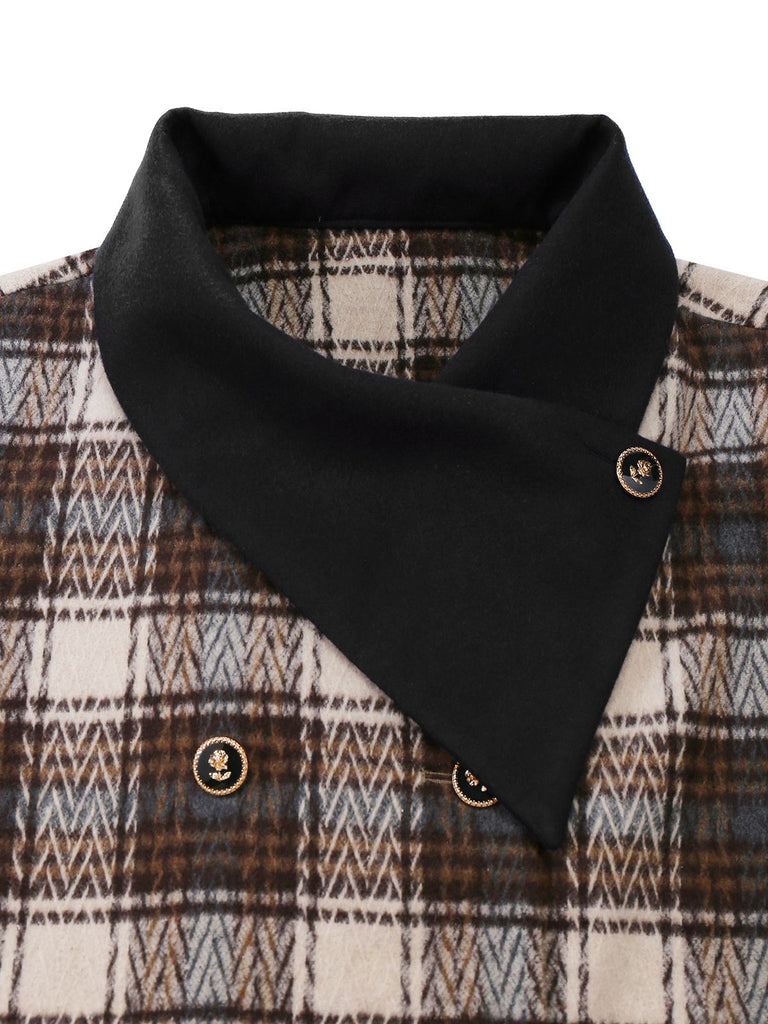 [Pre-Sale] Brown 1940s Cotton Plaid Asymmetrical Lapel Coat