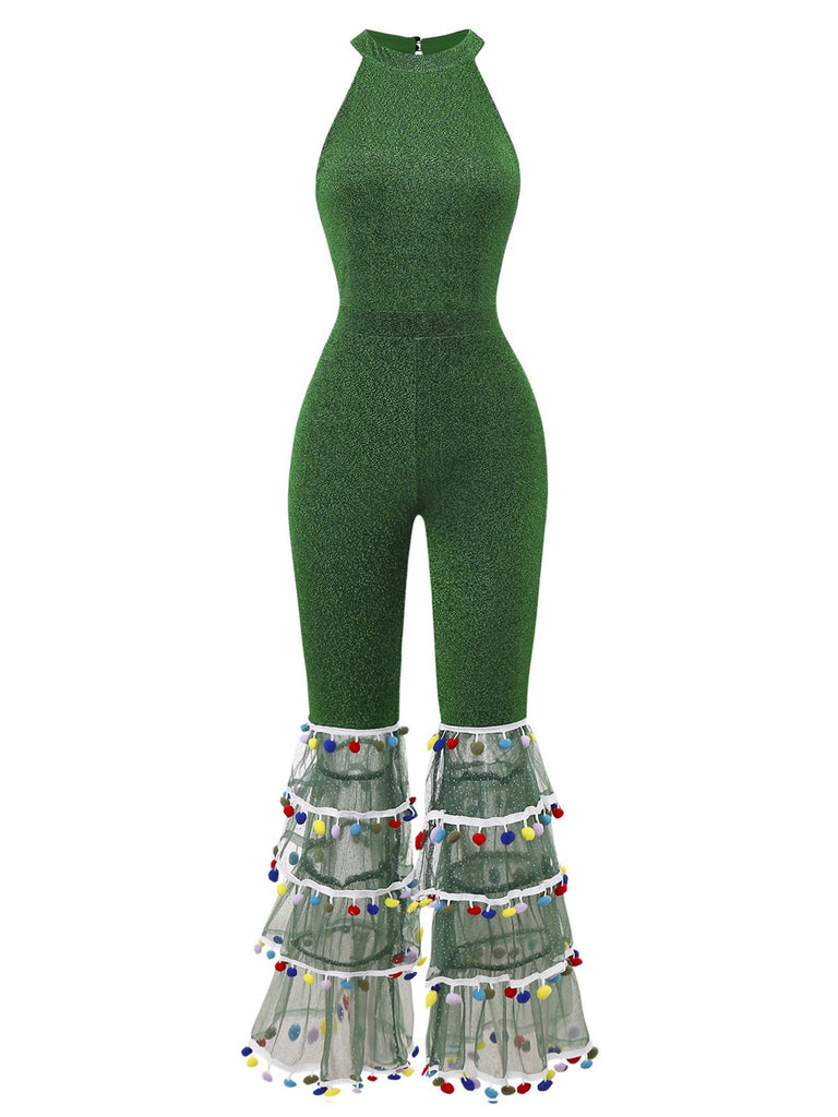[Pre-Sale] Green 1980s Solid Sparkly Mock Mesh Jumpsuit