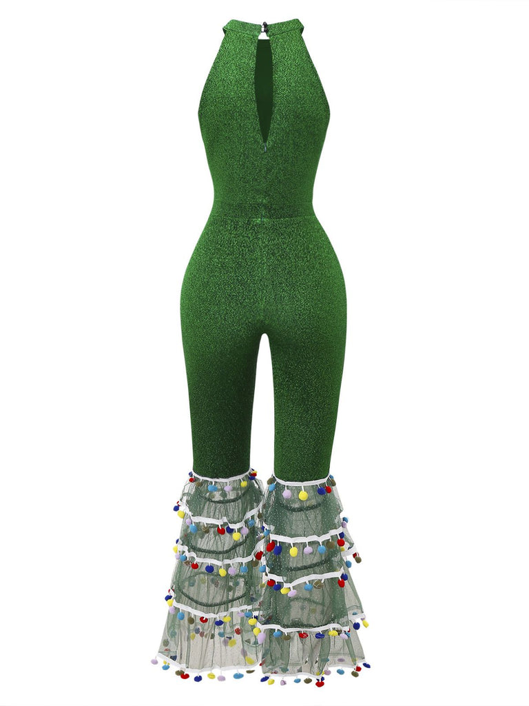 [Pre-Sale] Green 1980s Solid Sparkly Mock Mesh Jumpsuit