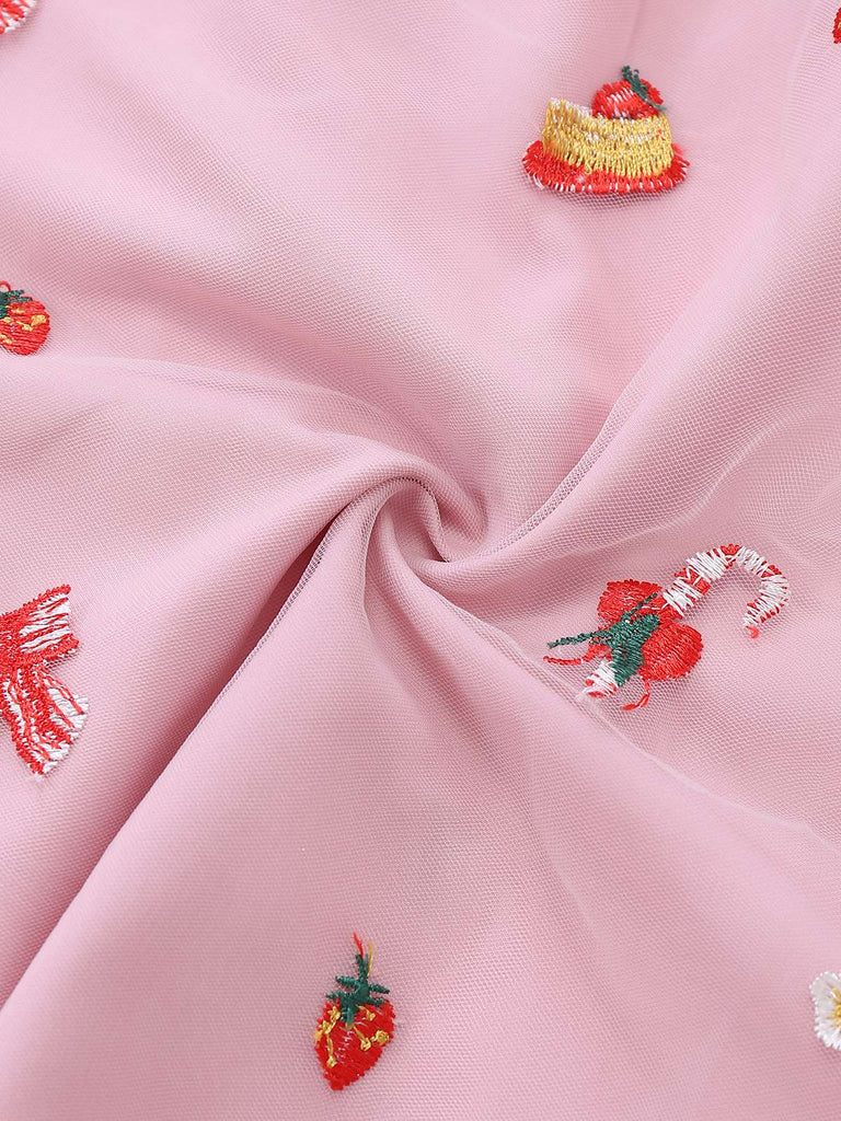 [Pre-Sale] Pink 1950s Christmas Furry Strapless Sequined Mesh Dress