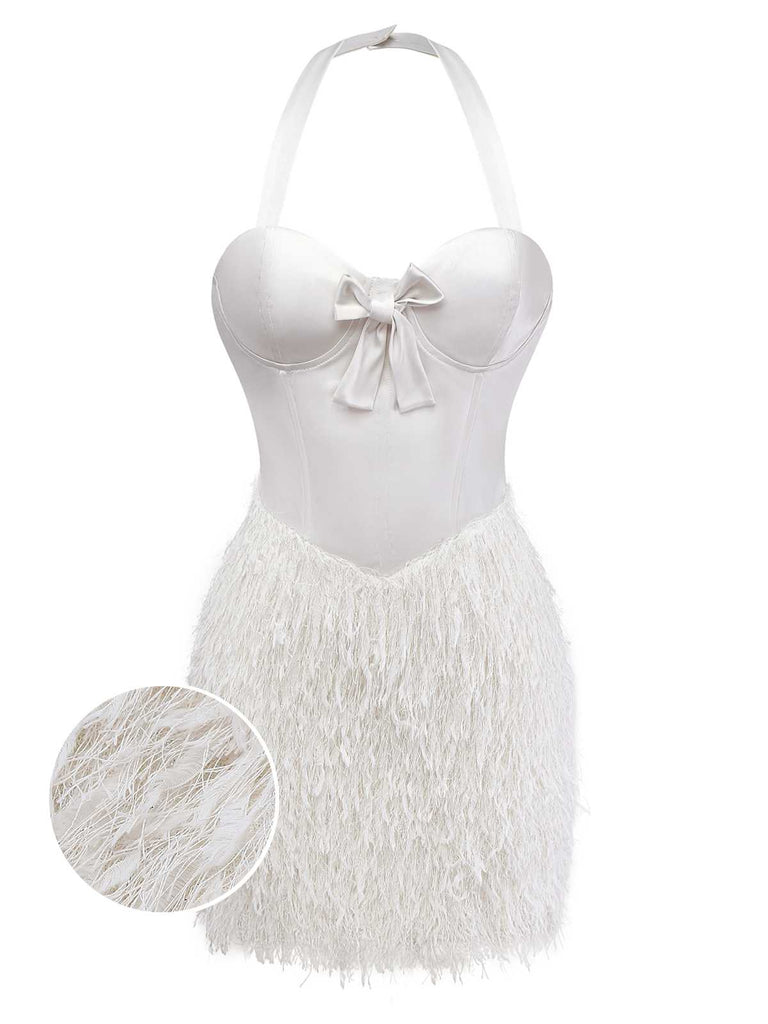 [Pre-Sale] White 1960s Satin Feathered Fringe Bustier Dress