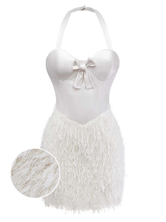 [Pre-Sale] White 1960s Satin Feathered Fringe Bustier Dress