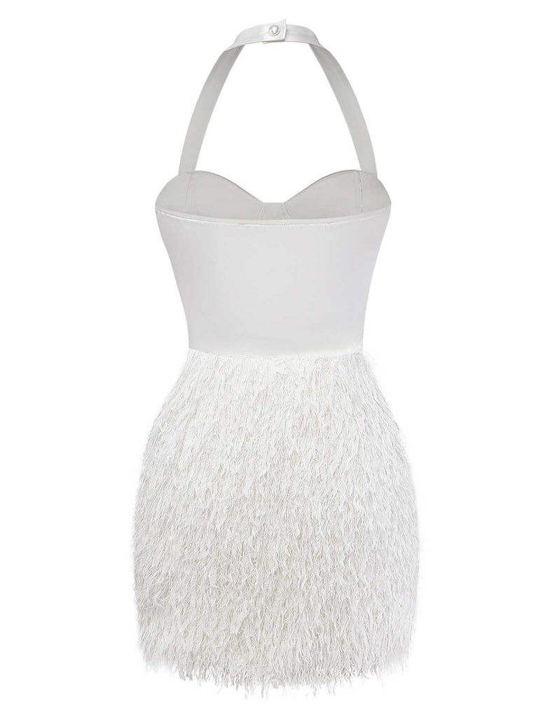 [Pre-Sale] White 1960s Satin Feathered Fringe Bustier Dress