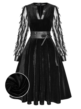 [Pre-Sale] Black 1950s Feather Sheer Sleeve V-Neck Leather Dress