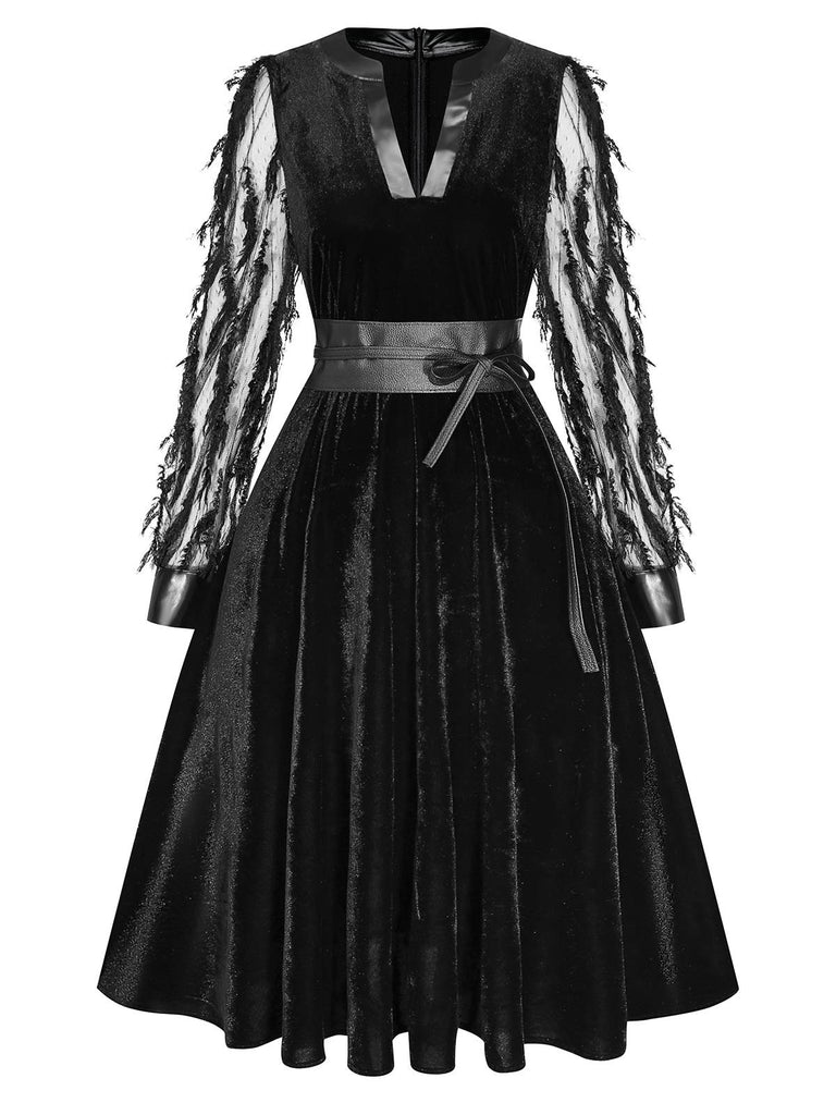 [Pre-Sale] Black 1950s Feather Sheer Sleeve V-Neck Leather Dress