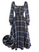 [Pre-Sale] Blue Grey 1940s Plaid Sweetheart Neck Brushed Dress