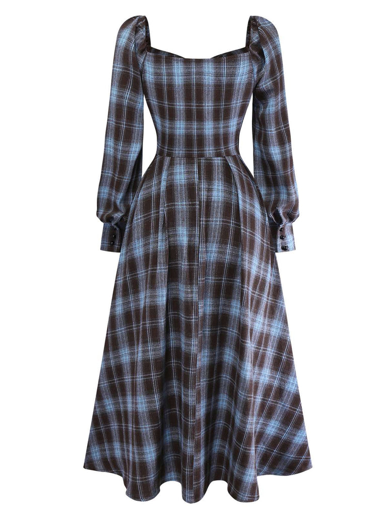 [Pre-Sale] Blue Grey 1940s Plaid Sweetheart Neck Brushed Dress