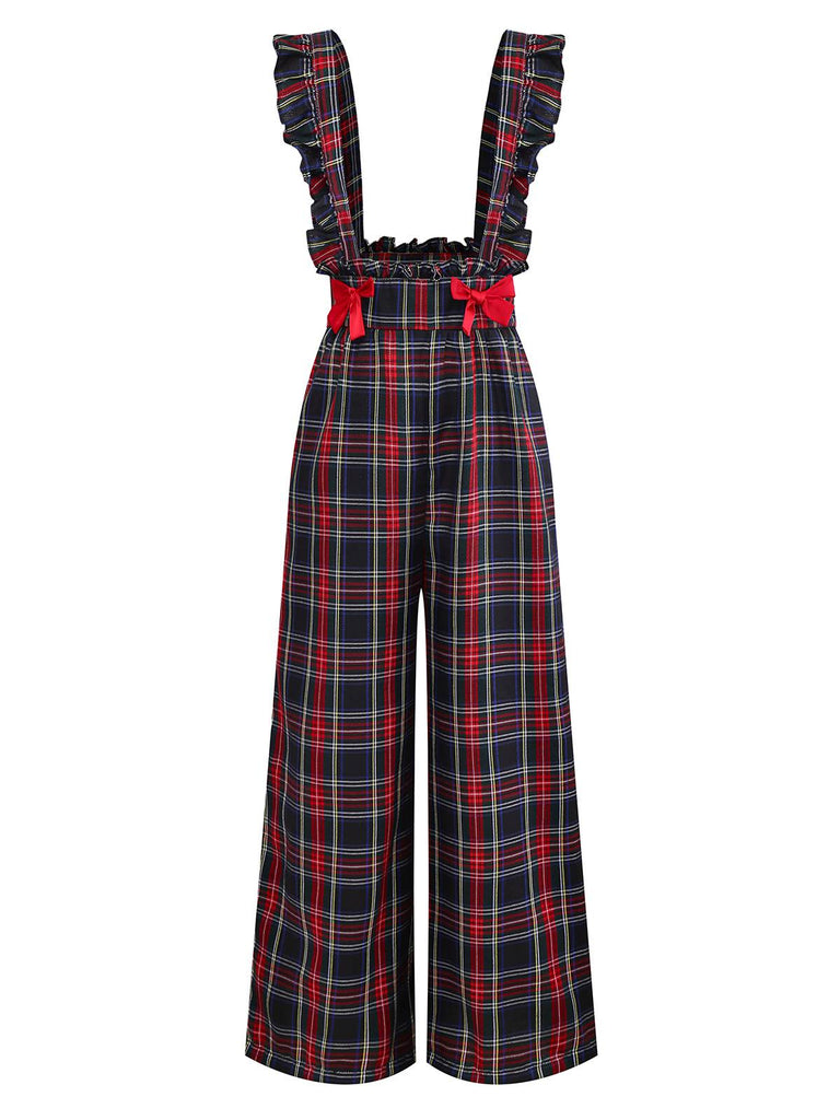 [Pre-Sale] 2PCS White & Black 1940s Blouse & Tartan Overall Pants