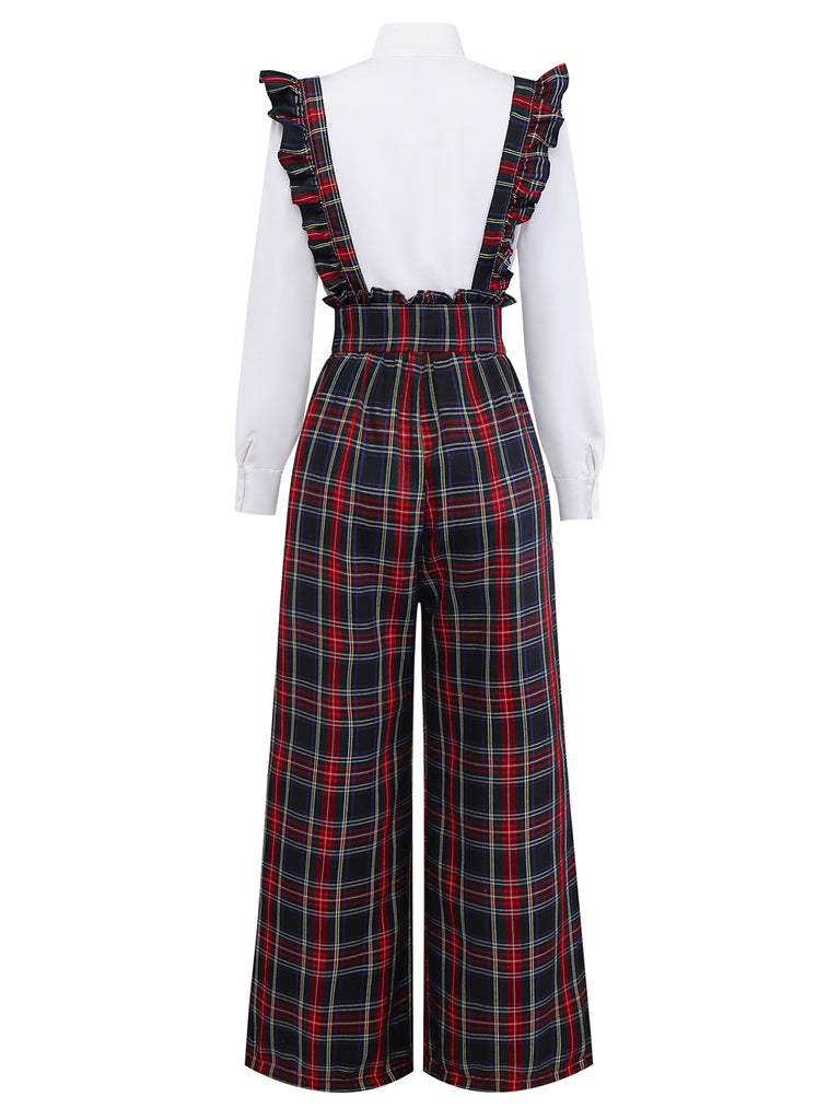 [Pre-Sale] 2PCS White & Black 1940s Blouse & Tartan Overall Pants