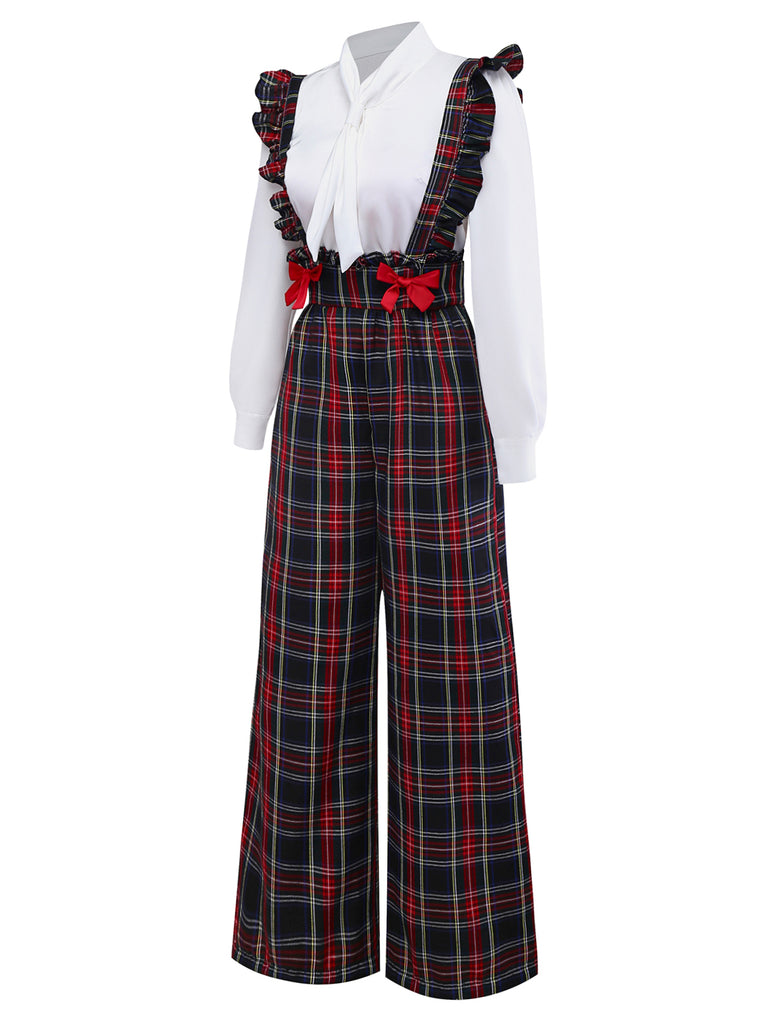 [Pre-Sale] 2PCS White & Black 1940s Blouse & Tartan Overall Pants