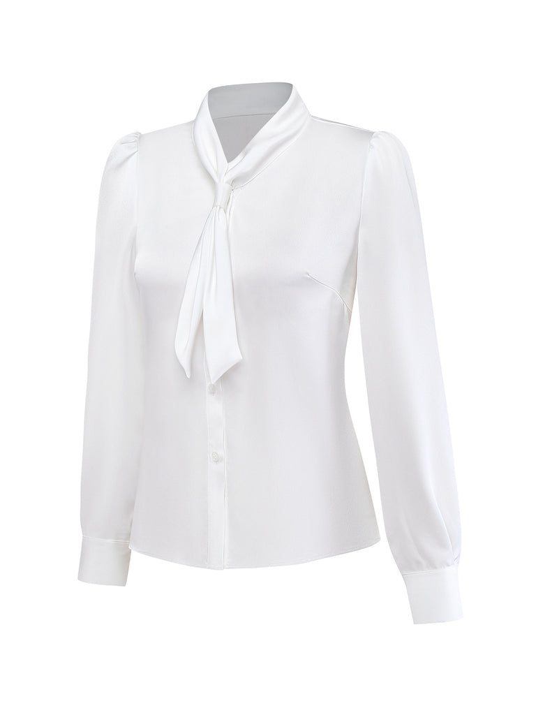 [Pre-Sale] White 1940s Solid Tie Neck Satin Blouse