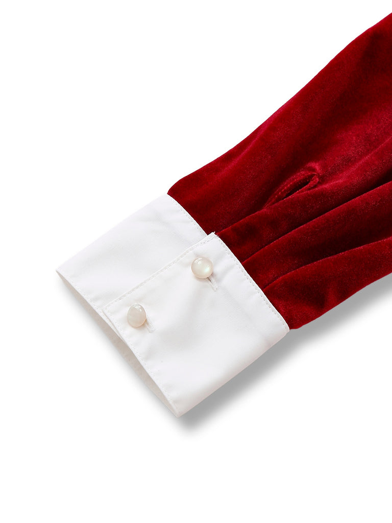 [Pre-Sale] Red 1940s Velvet Shirt Collar Bow Dress