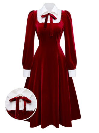 [Pre-Sale] Red 1940s Velvet Shirt Collar Bow Dress