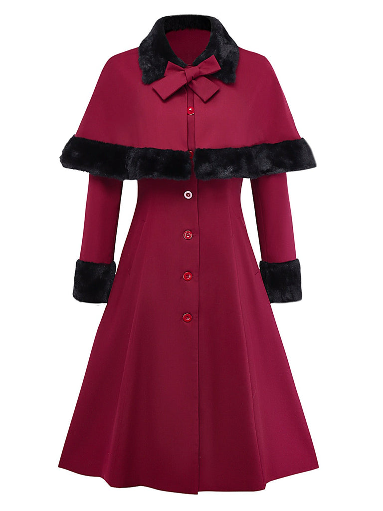 [Pre-Sale] Red 1950s Plush Trim Trench Coat & Detachable Cape