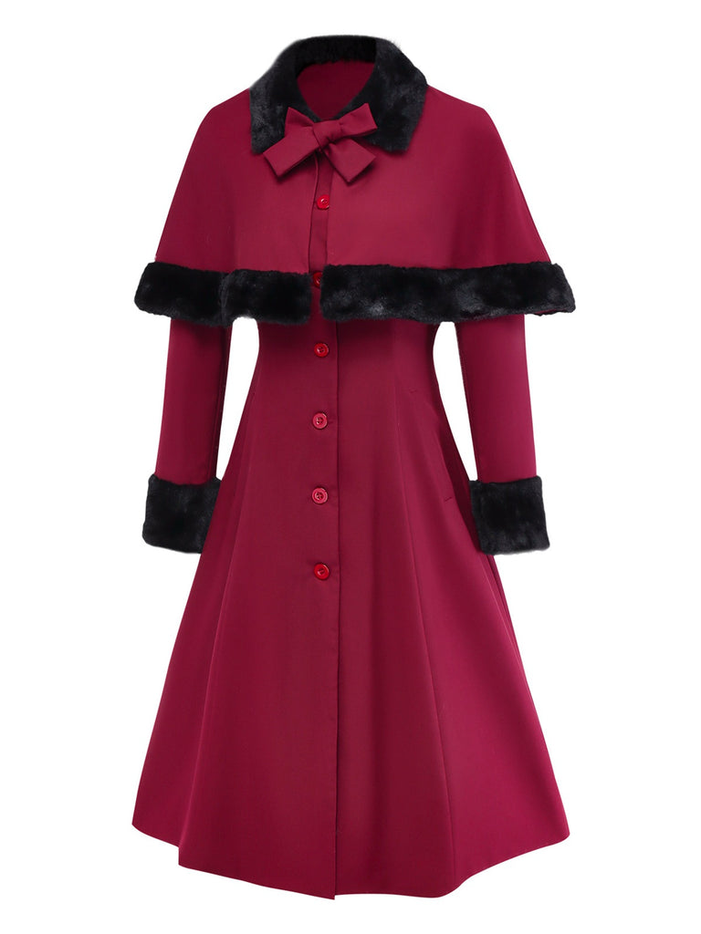 [Pre-Sale] Red 1950s Plush Trim Trench Coat & Detachable Cape