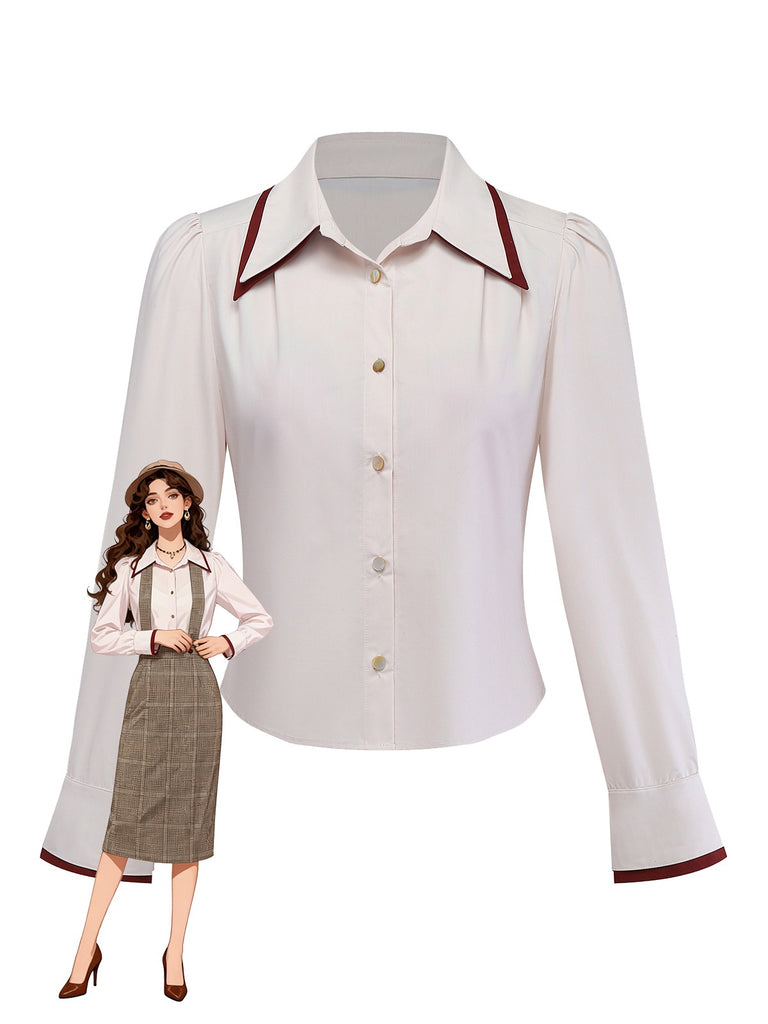 [Pre-Sale] Beige 1960s Slit Sleeve Contrasted Lapel Blouse