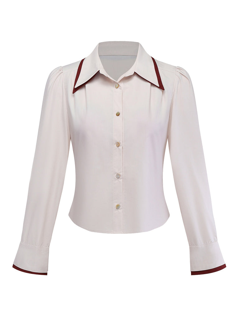 [Pre-Sale] Beige 1960s Slit Sleeve Contrasted Lapel Blouse