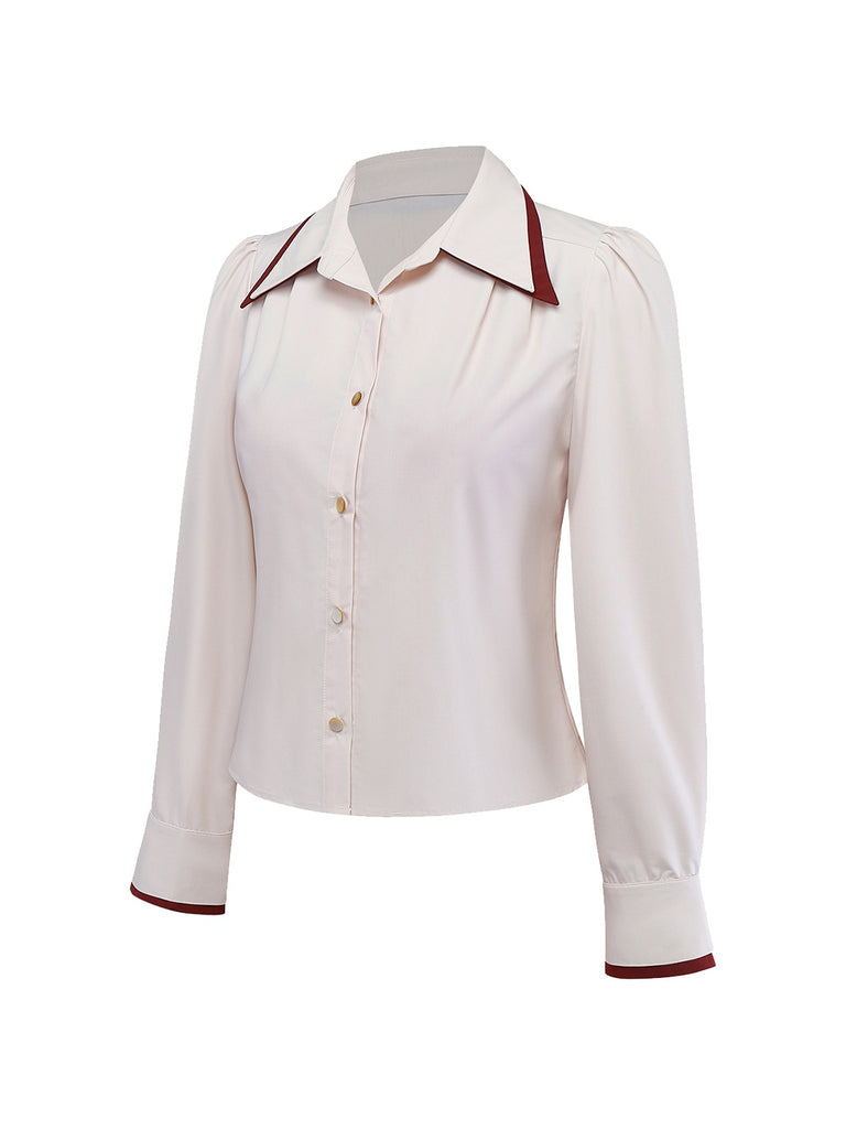 [Pre-Sale] Beige 1960s Slit Sleeve Contrasted Lapel Blouse