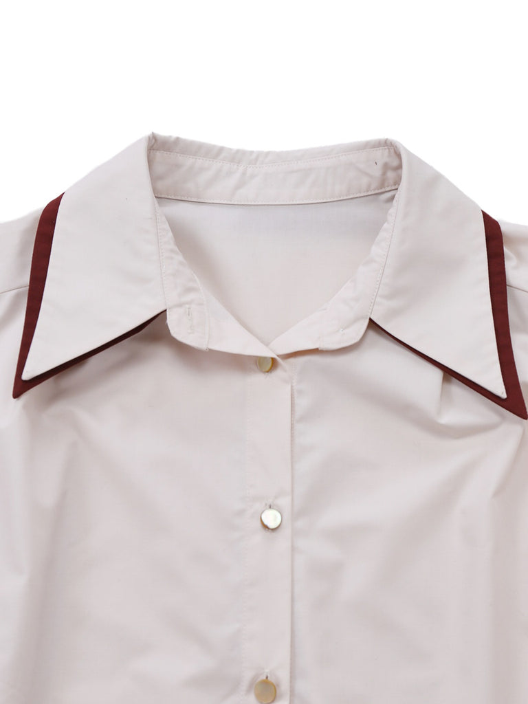 [Pre-Sale] Beige 1960s Slit Sleeve Contrasted Lapel Blouse